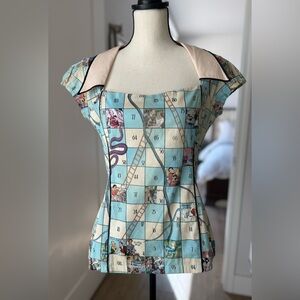 Kitten D’Amour  Retro Board Game Print Top Peplum Blouse Size 8-10 USA / 14 AU
